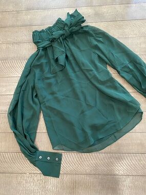 Frame Women's Emerald Green Sheer Bow Neck Blouse